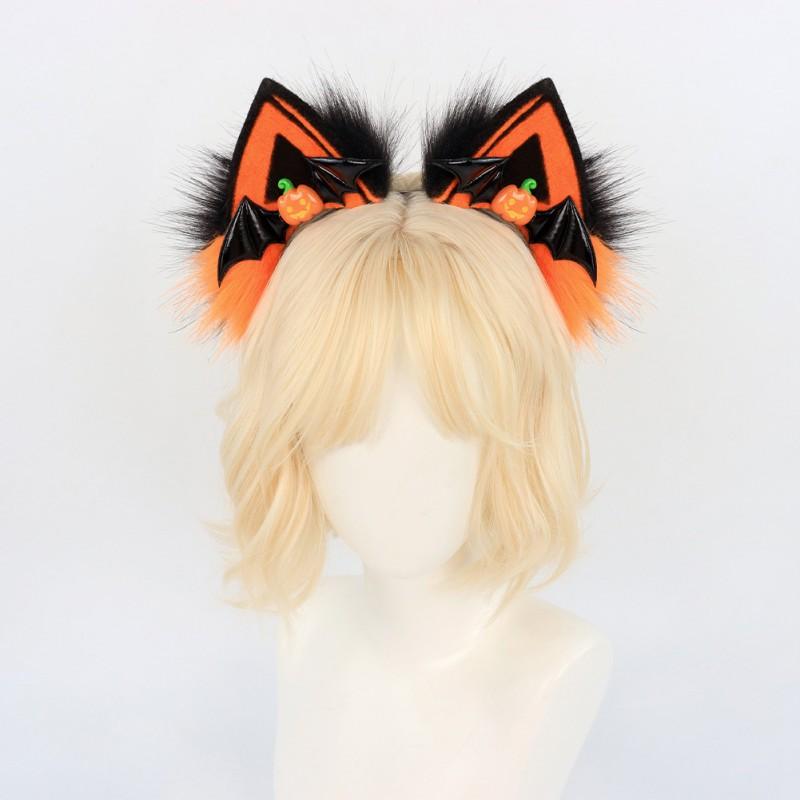 Halloween Cat Ear Headband Plush Faux Fur Pumpkin Headpiece Lolita Cosplay Adult Costume Accessory