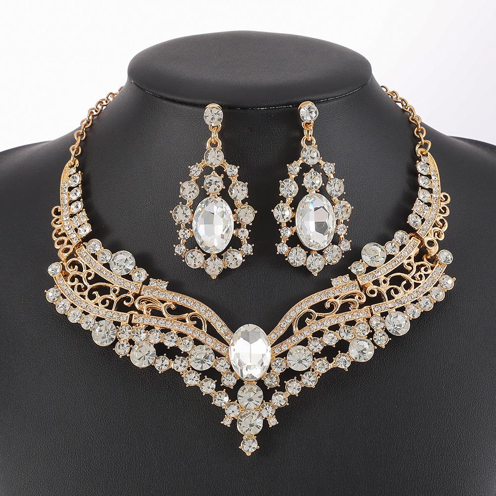Women Crystal Necklace Earrings Indian Bridal Jewelry Sets Brides Wedding Party Costume Accessories