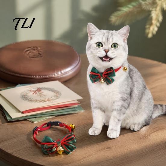Holiday Cat Bow Christmas Pet Collar, Adjustable Collar with And Bell, Accessories Plaid Print for Cats, Small Dogs, Wear Festive Costume
