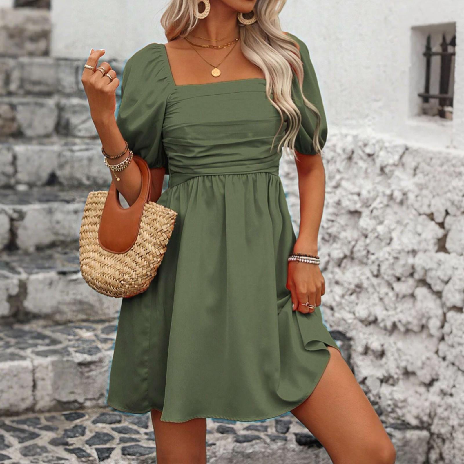 

Женское платье-пуловер с рукавами-фонариками, однотонным принтом, квадратным вырезом, А-силуэтом, свободным кроем S зелёный