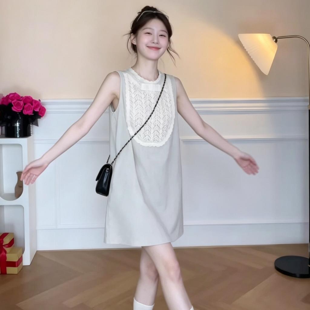 Summer lace splicing color matching zipper dress women's small loose age-reducing short vest skirt