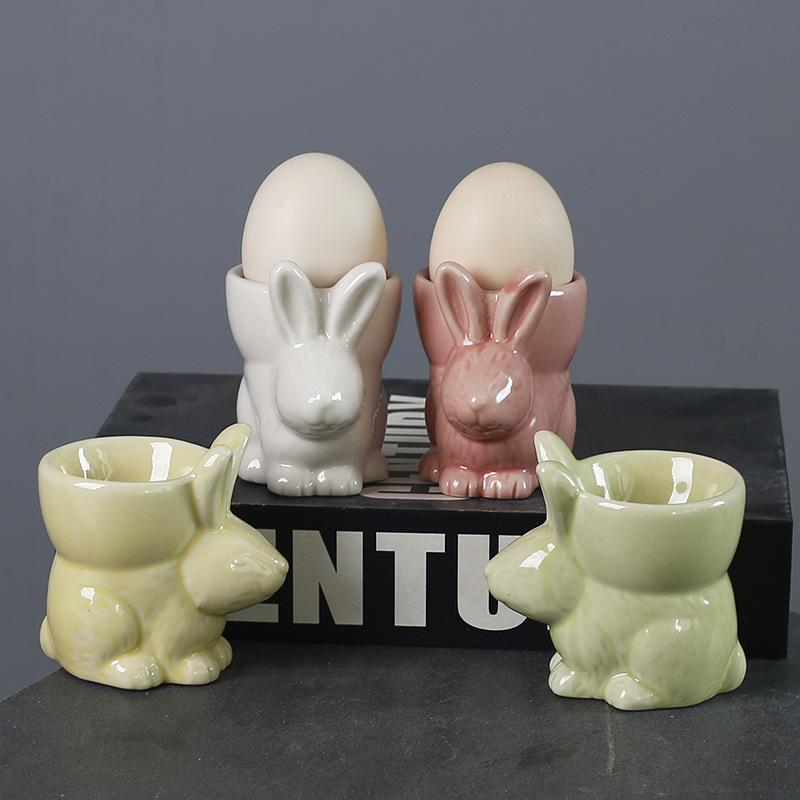 Hand-Painted Rabbit Egg Holder Ceramic Egg Cup Creative Three-Dimensional Cartoon Ornament Ring Beauty Sundries Storage Box