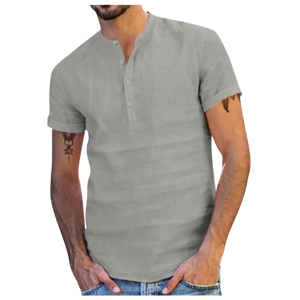 Fashion Personality Men's Cotton Linen Leisure Short Sleeve Shirt Top Blouse
