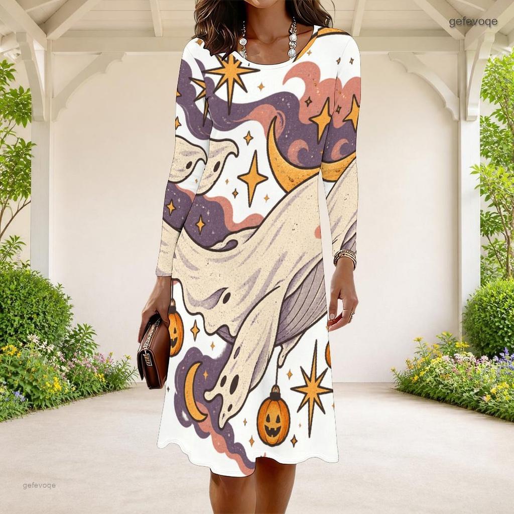 Women Plus Size Round Neck Long Sleeve A Line Flared Dress White Halloween Ghost Pumpkin Printed