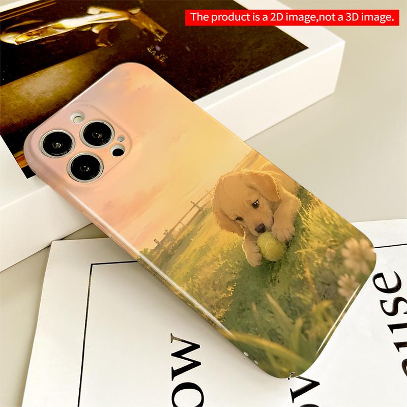 2DFlat Golden Puppy Chewing Ball In Sunset Field All Inclusive Film Hard iPhone Case, Compatible with iPhone 18 Pro Max 17 16 15 14 13 12 11