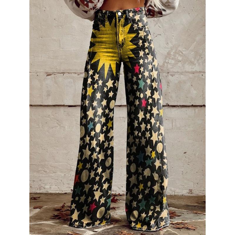 2026 summer new printing European and American style cross-border 3D trend jeans loose casual straight wide-leg trousers women S