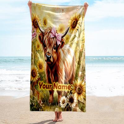 1PC Custom Name Highland Cow Sunflower Field Beach Towel Highly Absorbent And Sand-Resistant Towel for Swimming, Pool, Yoga, And Travel Lightweight