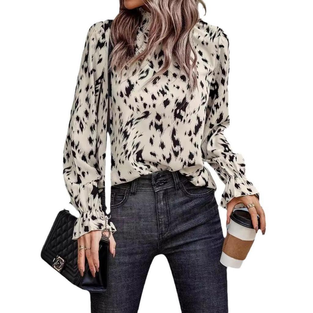 Autumn Winter New Women's Blouse Long Sleeve Mock Neck Loose Fit European American Style Cross-Border