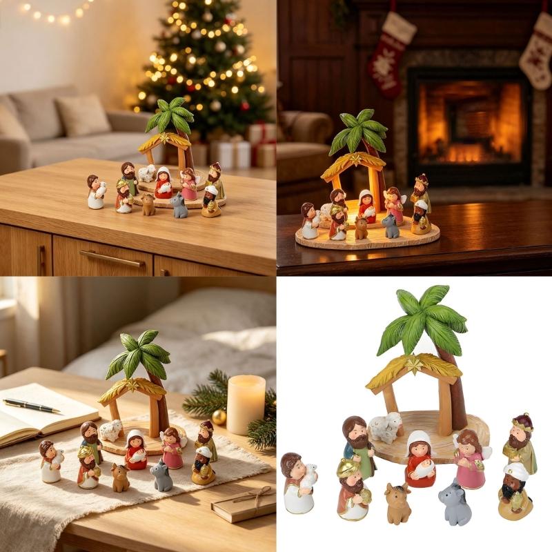 Christmas Cartoon Nativity Scene Miniature Figurines Set Resin Manger Scene Statues Ornaments for Home Decoration Collectible Gift