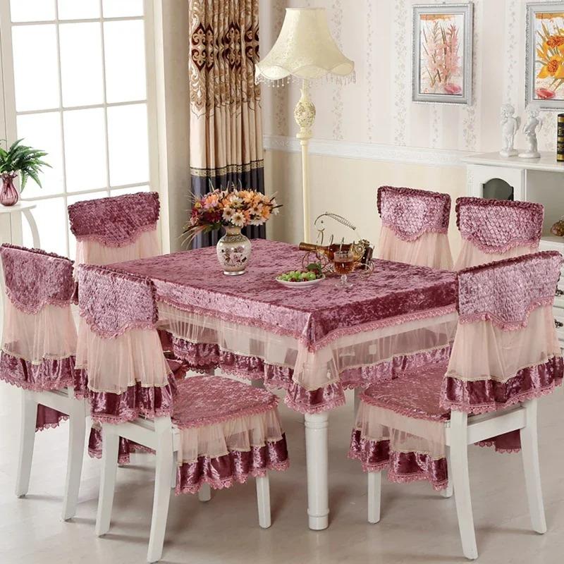 Velvet Lace Hem Table Cloth Dining Chair Cover Set Household Chair Pad Banquet Home Decor Dining Table Rectangular Tablecloth