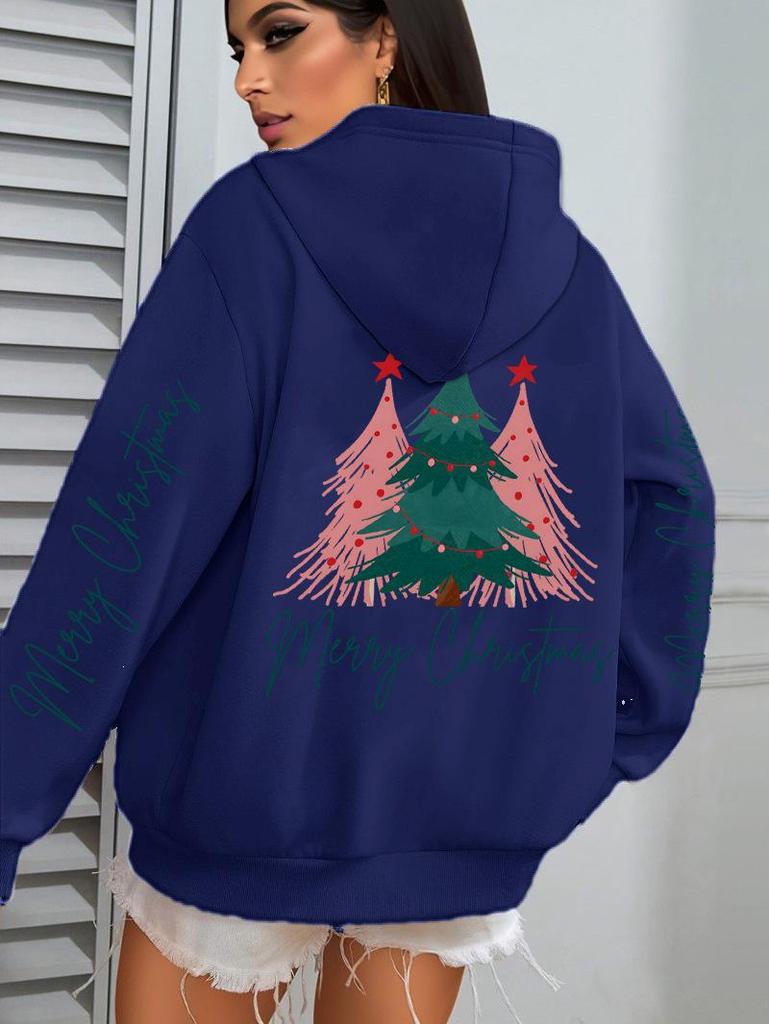 Merry Christmas Tree Print Women's Loose Y2K Hip Hop Hoodie