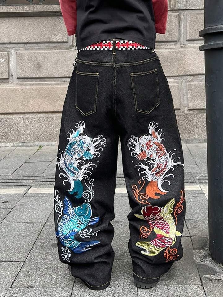 American Street Niche Printing Loose Straight Jeans Casual Design Trendy Pants