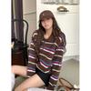 Versatile Soft Waxy Olo Lapel Striped Contrasting Sweater Women's Autumn and Winter New Loose Pullover Top