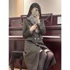 High-end Grey Long Coat for Women, Vintage Double-breasted Long Sleeve Outerwear