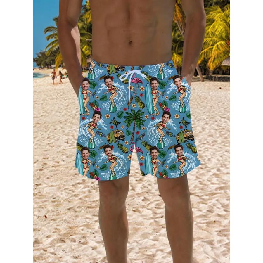 Custom Face Beach Shorts For Men 3D Digital Print Surfing Hawaiian Shorts Quick-Drying Lightweight Comfortable Swim Trunks