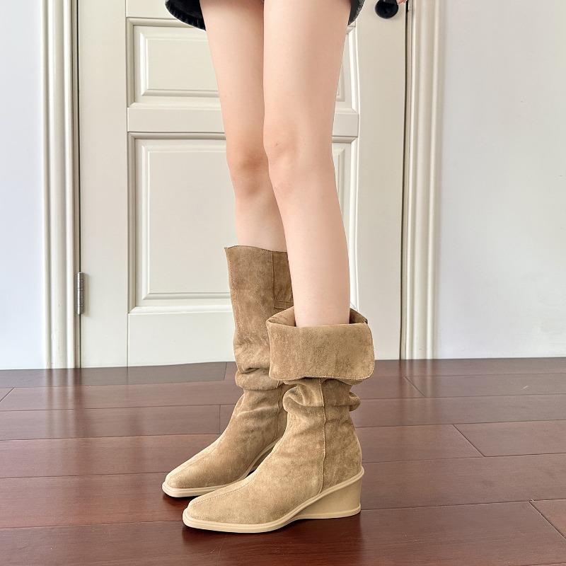 Over-knee Boots Women's Winter Fashion Boots Suede Square Head Slope Heel Piled Boots Women Commuting Two Wear Pleated Thin Boots