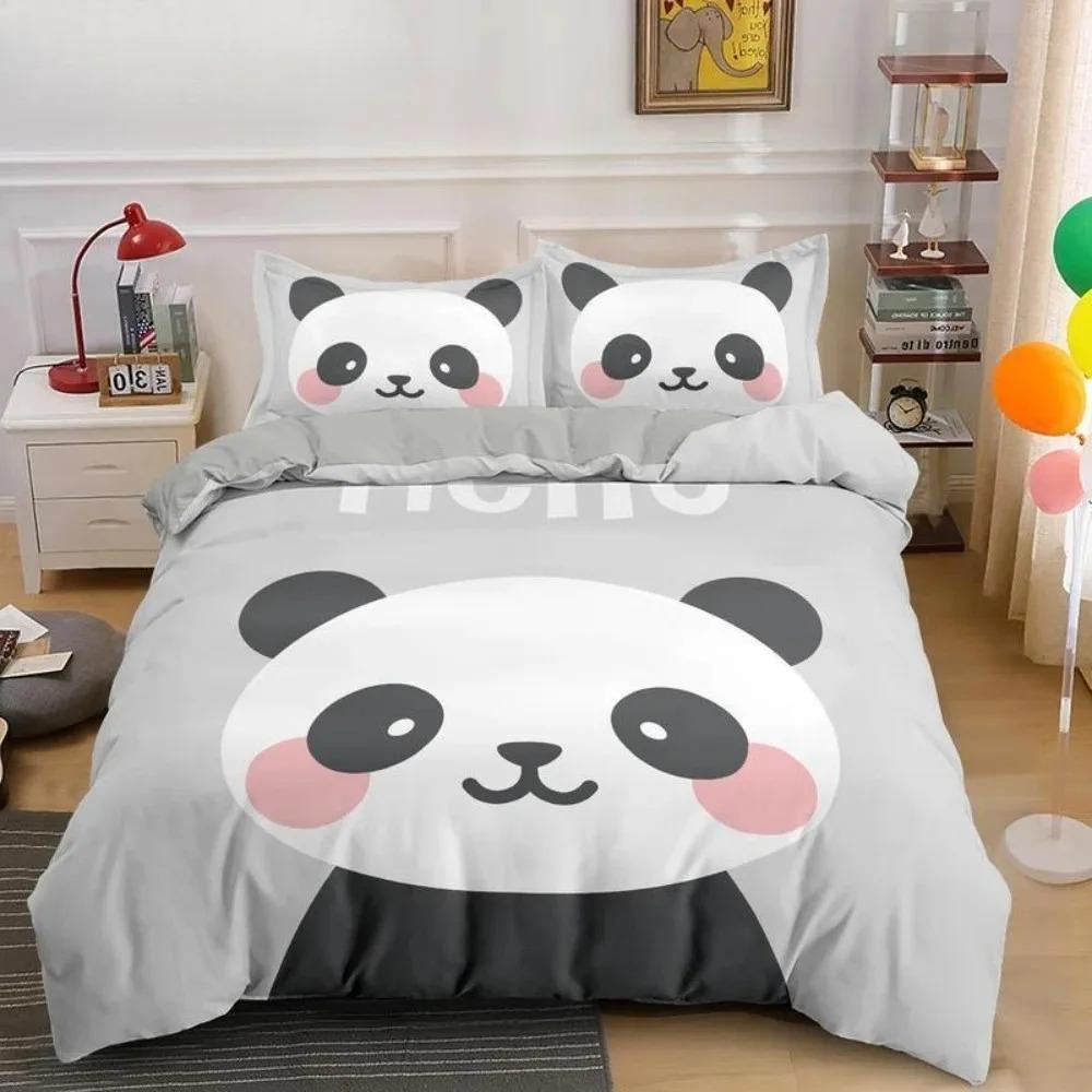 Cartoon Panda 3D Print Bedding Set White Kids Girls Duvet Cover Gift - 2/3pcs Twin Single Queen King Sizes Available