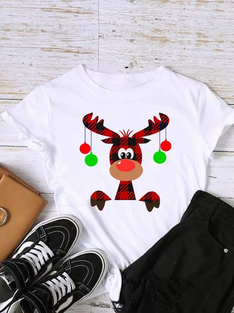 Christmas Womens Round Neck Short Sleeved Christmas Tree Reindeer Print Womens Loose Oversized Comfortable White Tshirt
