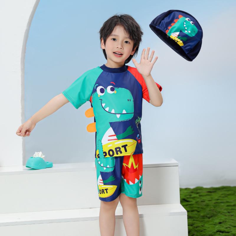 Children's Quick-Dry UPF Sun Protection Swim Set: Boys' Short-Sleeved Swimsuit and Baby Diving/Surfing Suit