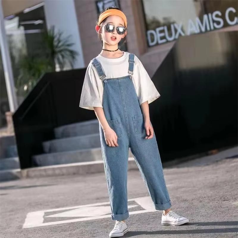 Spring Autumn Fashionable Kids Denim Overalls Modern Styles High Waisted Pants Jean Children Loose Casual Denim Overalls