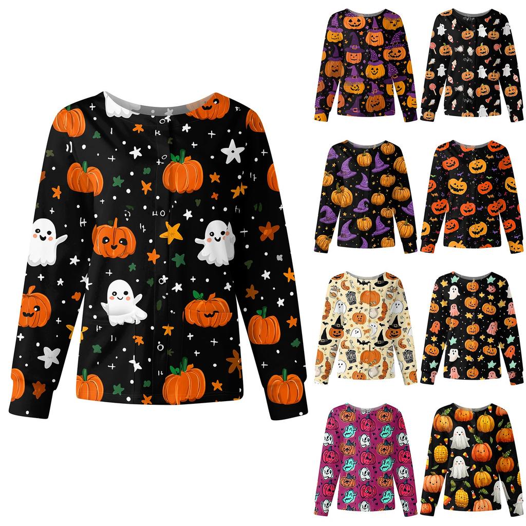 Women's Casual Fashion Long Sleeve Standing Collar Single Breasted Halloween Printed Workwear Jacket Tops