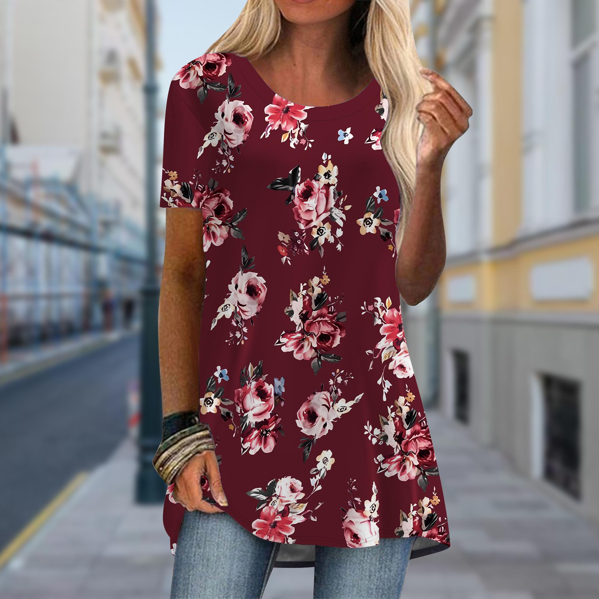 

Плюс размер Женская весенняя футболка с принтом сушеной розы, удобная, с коротким рукавом и круглым воротником, повседневные мешковатые футболки средней длины 8XL коричневый