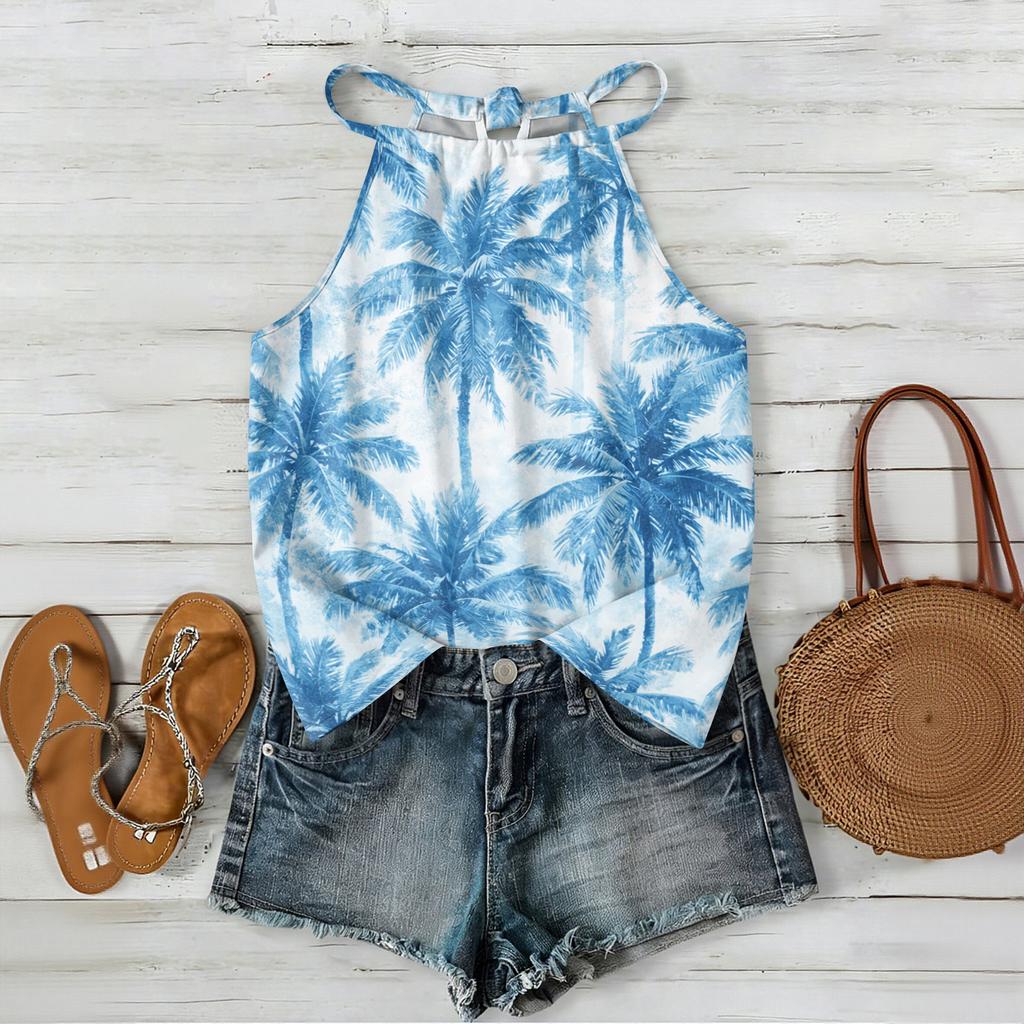 Damen Boho Blumenmuster Ärmelloses Tanktop Sommerlich Lässig Strandkleidung Leicht Locker Sitzende Bluse mit Verstellbaren Trägern