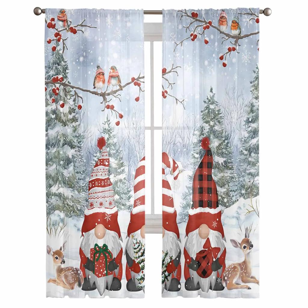 Christmas Winter Dwarf Sheer Curtains for Living Room Decoration Window Curtains Kitchen Tulle Voile Curtains