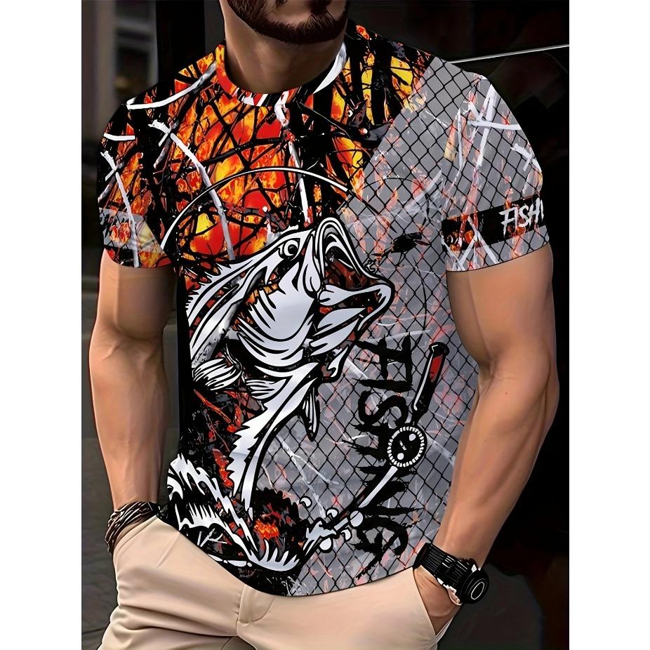 Mens Vibrant Fish Print Casual T-Shirt - Breathable Slight Stretch Polyester Crew Neck Tee for Outdoor Perfect for Summer