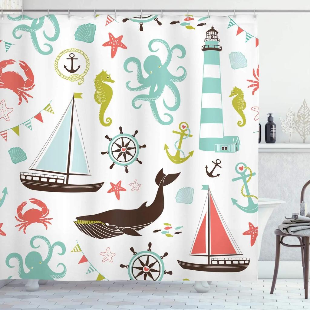 Cortinas de Chuveiro Peixe Tubarão Desenhos Coloridos Vida Marinha Banheiro Infantil Decoração de Casa Conjunto de Cortinas de Tecido Telas de Banho Impermeáveis