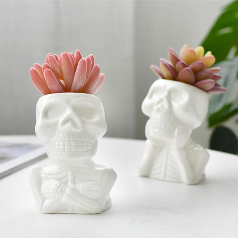 Creative Skull Flower Pot Succulent Pot Ceramic Planter Home Decor Halloween Ornament Bonsai Plant Pot Garden Decoration