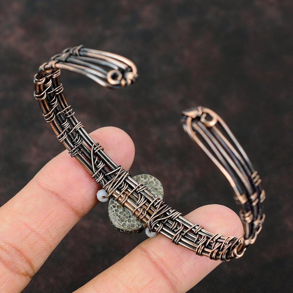 Wire Wrapped Stingray Coral Cuff Bracelet Blue Lace Agate Beads Bangle Copper Wire Wrapped Handmade Jewelry Adjustable Bangle Gift For Her