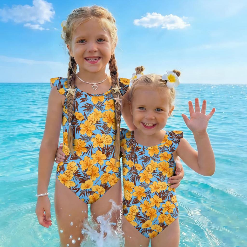 Girls One Piece Swimsuit Hawaiian Print Kids Swimwear Toddler Child Beachwear Sleeveless Ruffle Shoulder Bathing Suit for Summer Pool