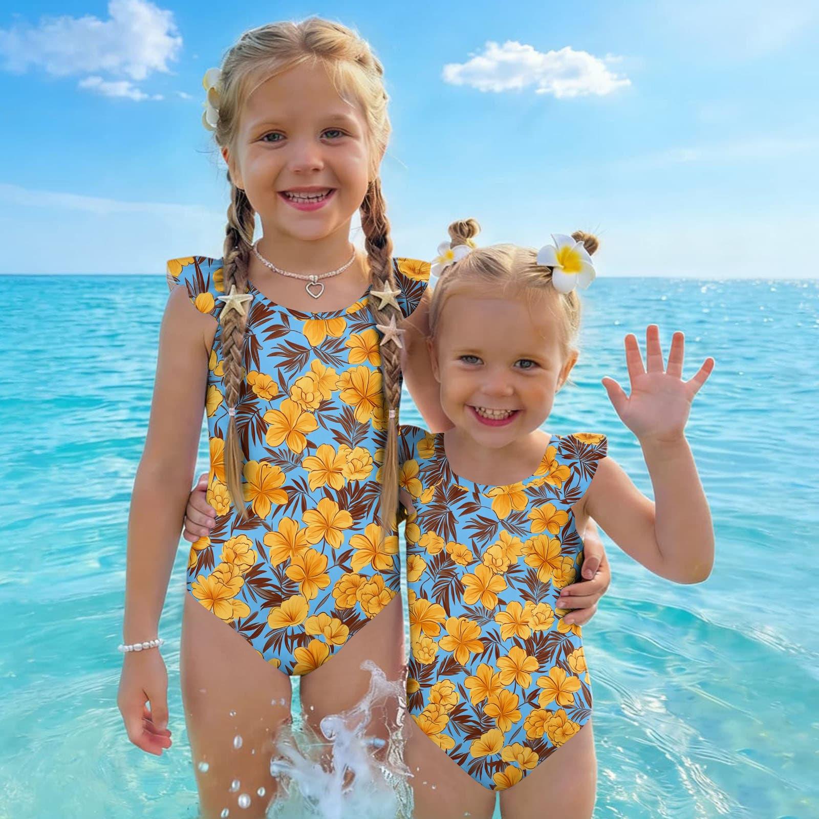 

Girls One Piece Swimsuit Hawaiian Print Kids Swimwear Toddler Child Beachwear Sleeveless Ruffle Shoulder Bathing Suit for Summer Pool 90 жовтий