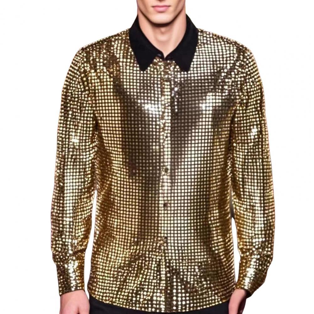 Men Vintage Disco Shirt Retro Sequin Shirt Glittery Button-up Long Sleeve Lapel Shirt for Bars Nightclubs Parties L золотистый