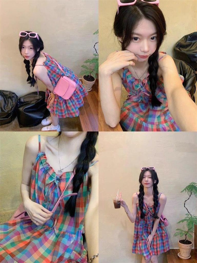 Korean Rainbow Plaid Suspender Dress - Women's Summer Sweet Loose Fit