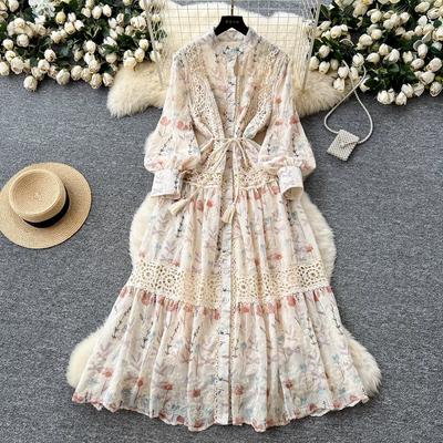 Abito Lungo da Fata Ricamato in Stile Palazzo di Nicchia di Alta Gamma con Patchwork di Pizzo e Cinture in Vita da Donna, Stampa Francese Slim Fit