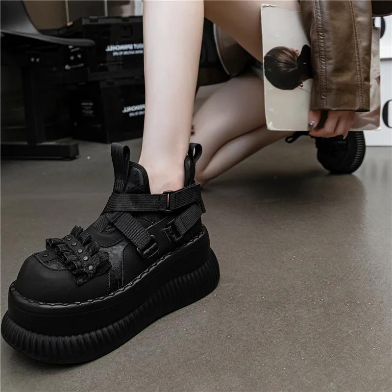 Fashion 8CM Gothic Style Chunky Boots High Platform Women Ankle Boots Elegant Walking Comfy Woman Motorcycle Shoes Punk Leather Boots