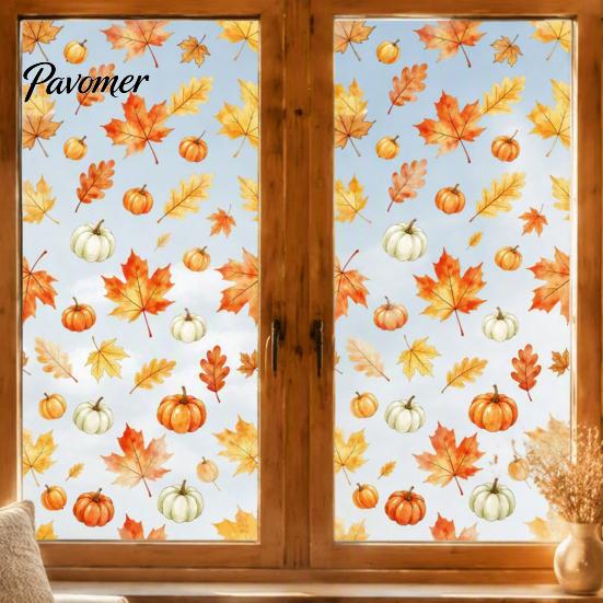 Waterproof PVC Window Art Watercolor Fall Static Clings, Maple Leaf & Pumpkin Removable Stickers, Autumn Seasonal Wall Decor Decal for Thanksgiving
