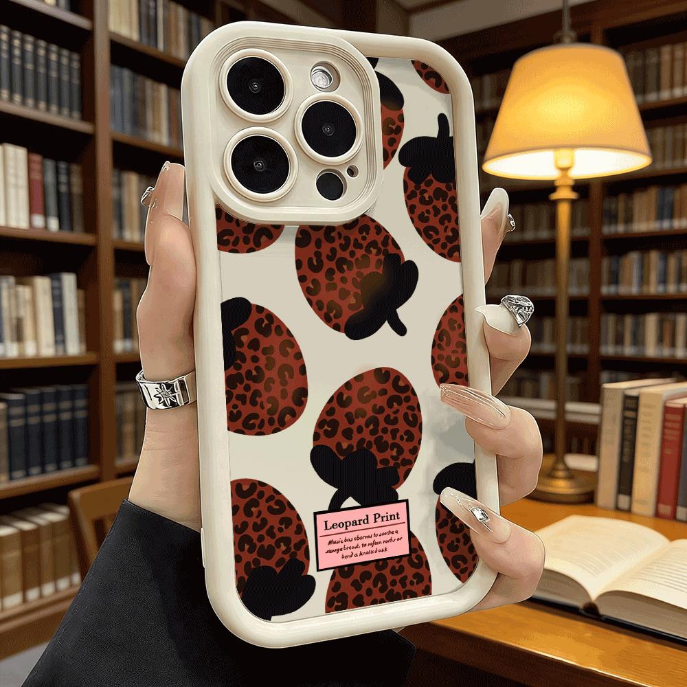 Leopard Print Strawberry Soft TPU Phone Case for iPhone 17 16 15 14 13 12 11 Pro Max Plus Shockproof Anti-Slip Cover