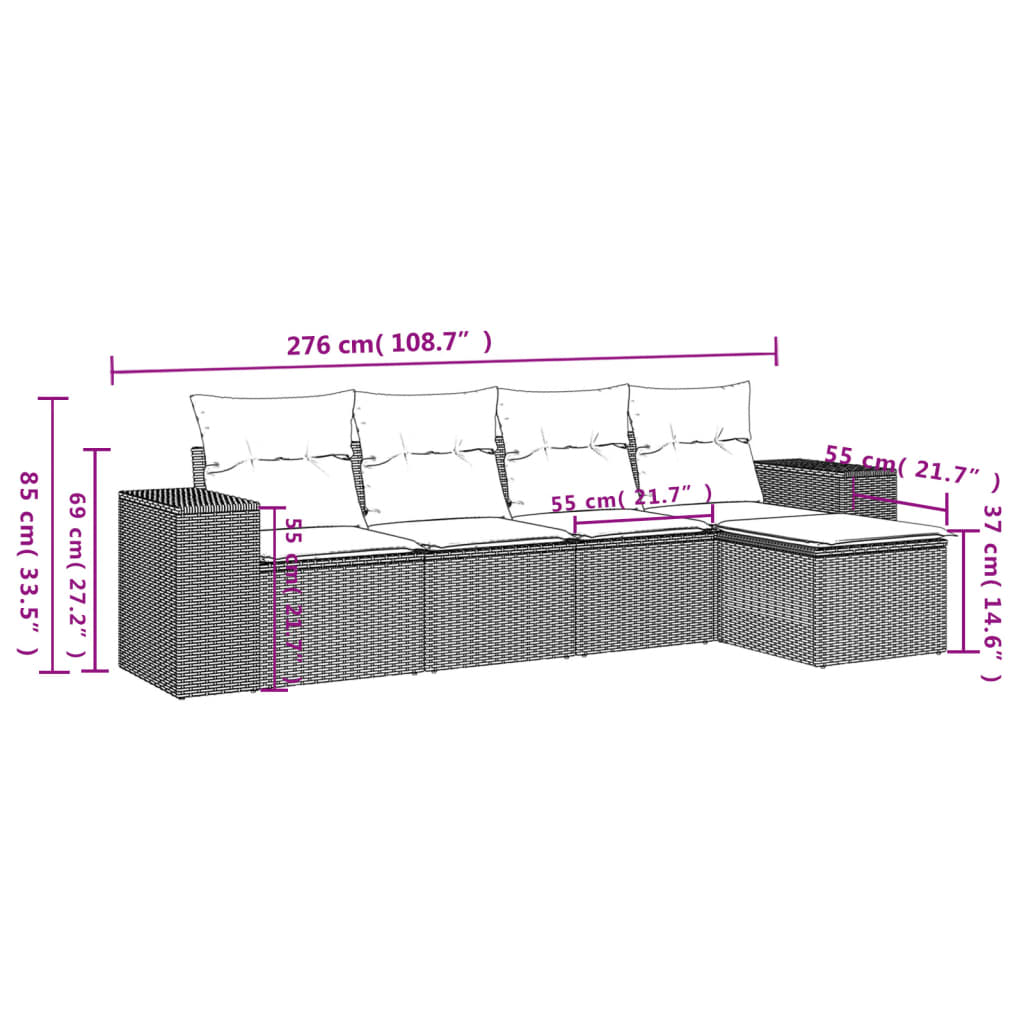 Vidaxl 5-Cz. Garden Furniture Set With Cushions, Brown, Poly Rattan