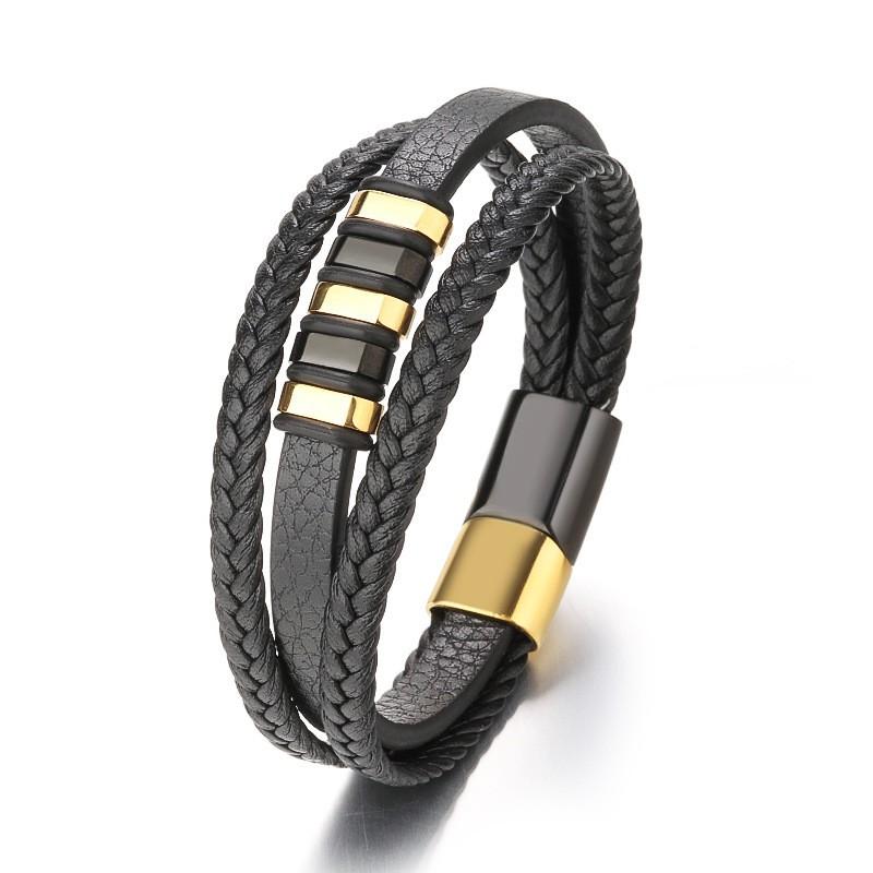 Mens Handwoven Leather Stainless Steel Bracelet Vintage Hip Hop Style Adjustable Length