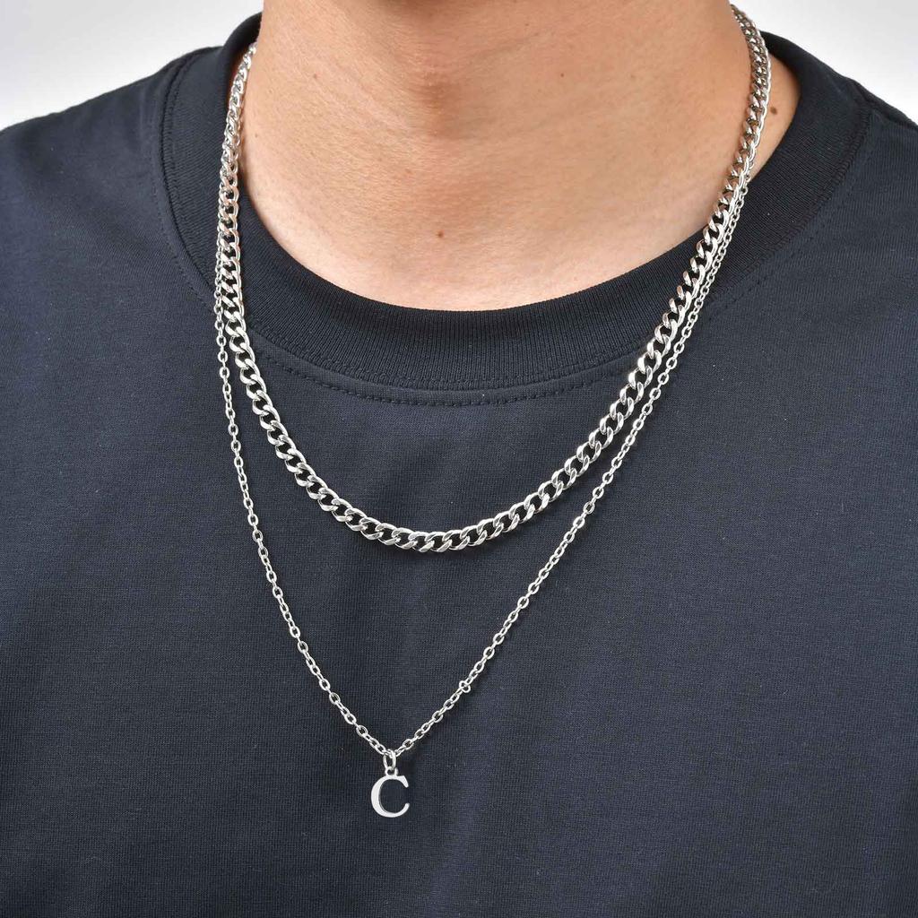 Vnox A-Z Alphabet Pendant Necklaces with Cuban Link Chain 2pcs/Set, Stainless Steel Initial Letter Pendant Necklace for Men Boys