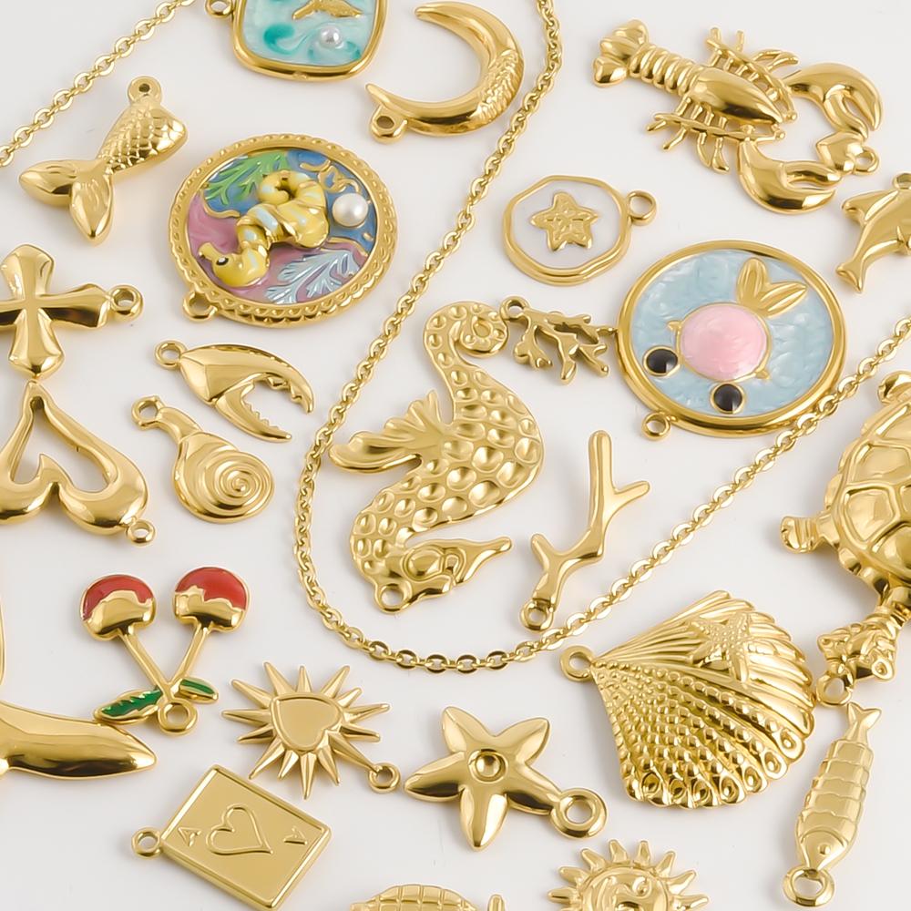 6pcs Fashion Handmade Oil Drop Charm Seahorse Cherry Fish Ocean Animal Stainless Steel Charms For Jewelry Making Pendant Finding