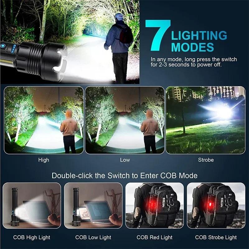 Multiple Lighting Modes XHP70 XHP90 COB Aluminum Rechargeable Zoom Multifunctional Flashlight Tactical Self-defense Flashlight