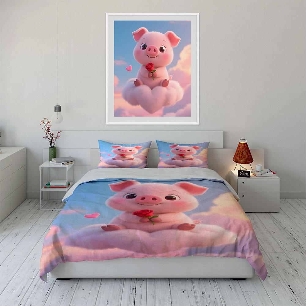 Adorable Pink Pig Holding Rose On Cloud Printed Duvet Cover Set1 Duvet Cover+2 Pillowcasemulti Size Bedroom Bedding Decor