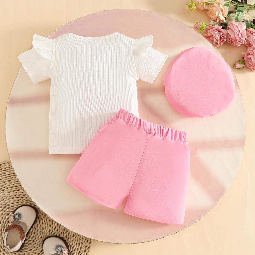 2026 Summer Baby Girl Ribbed Short Sleeve Top, Rhinestone Shorts Skirt & Beret Set (0-3 Years) - Trendy & Sweet