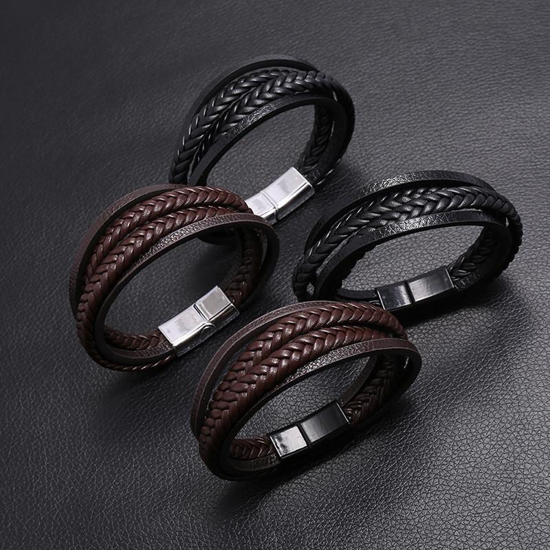 Multilayer Stacking Leather Bracelet Men Handmade Braided Black Silvery Magnetic Buckle Durable Charm Armband Homme Casual Joias