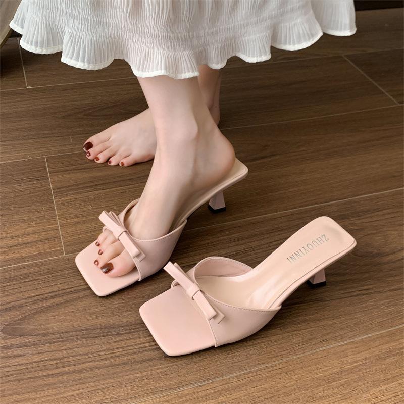 Fashion Hot Selling  Heeled Sandals Shoes Square Toe Butterfly-Knot Slippers Flat Rubber Flip Flops Luxury Slides Black Designer High