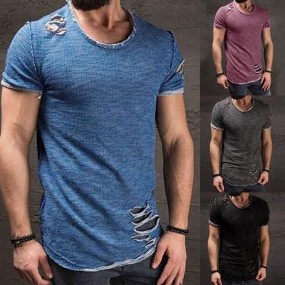 Sommer-T-Shirt Einfarbige Kurzarm-Baumwollmischung Lochdesign Oberteil Pullover für Herren T-Shirt